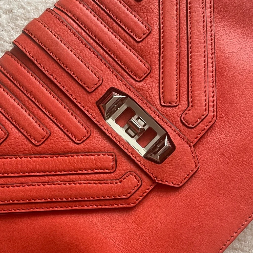 Coral Clutch Rebecca Minkoff Leather Bag Crossbody Strap Silver Hardware - Picture 2 of 8